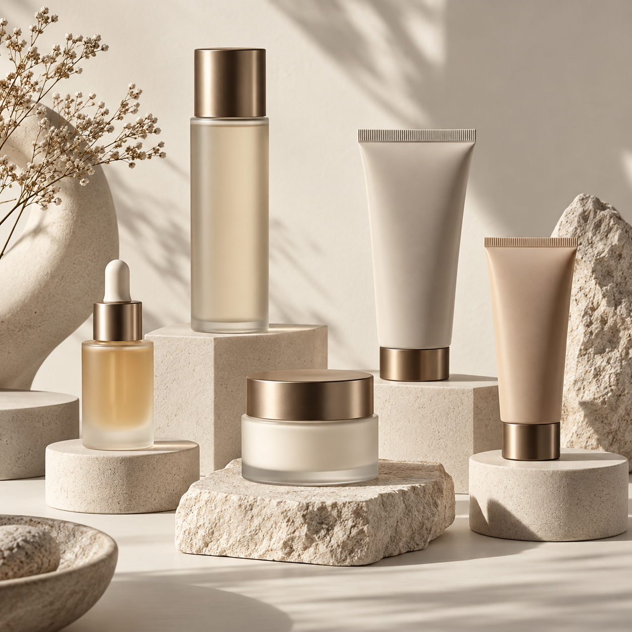 Bộ sản phẩm skincare trên bệ đá