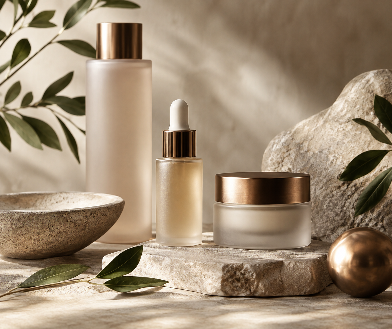 Bộ serum, toner và kem dưỡng cùng lá xanh