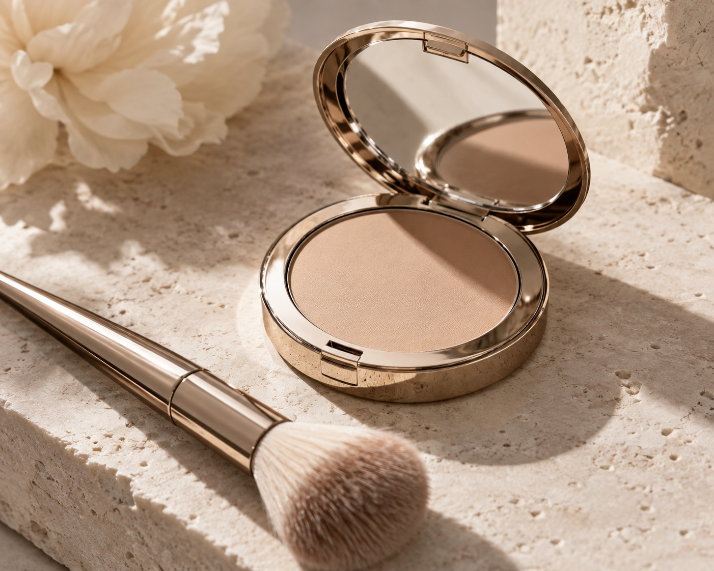 Phấn compact và cọ trên đá sáng