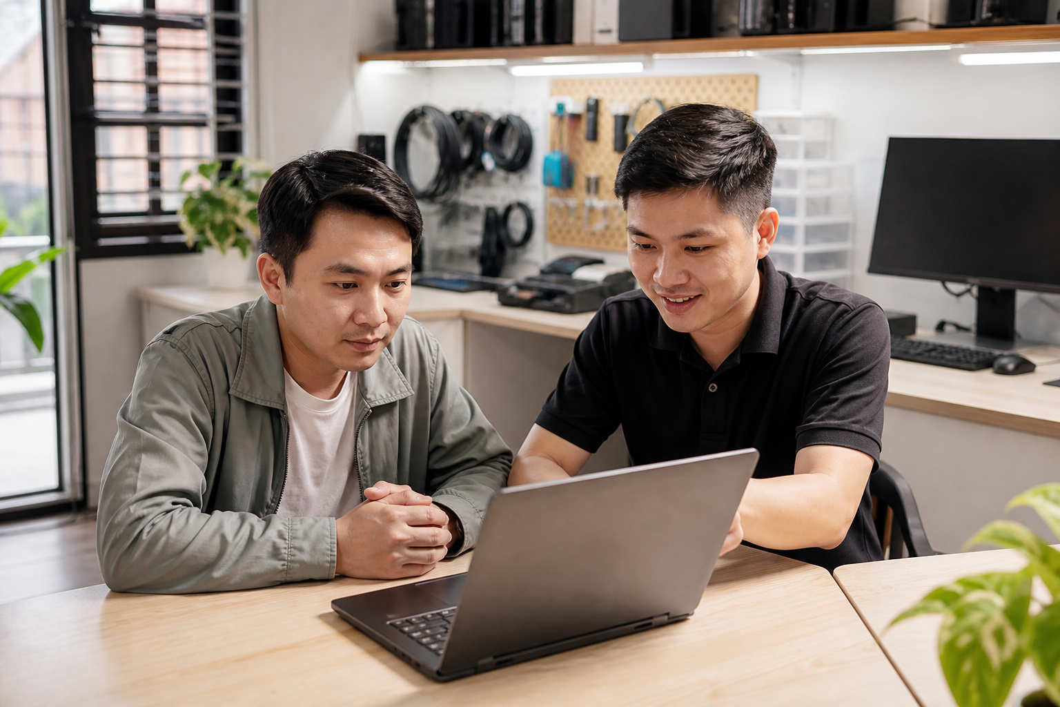 Nhân viên tư vấn laptop cùng khách hàng