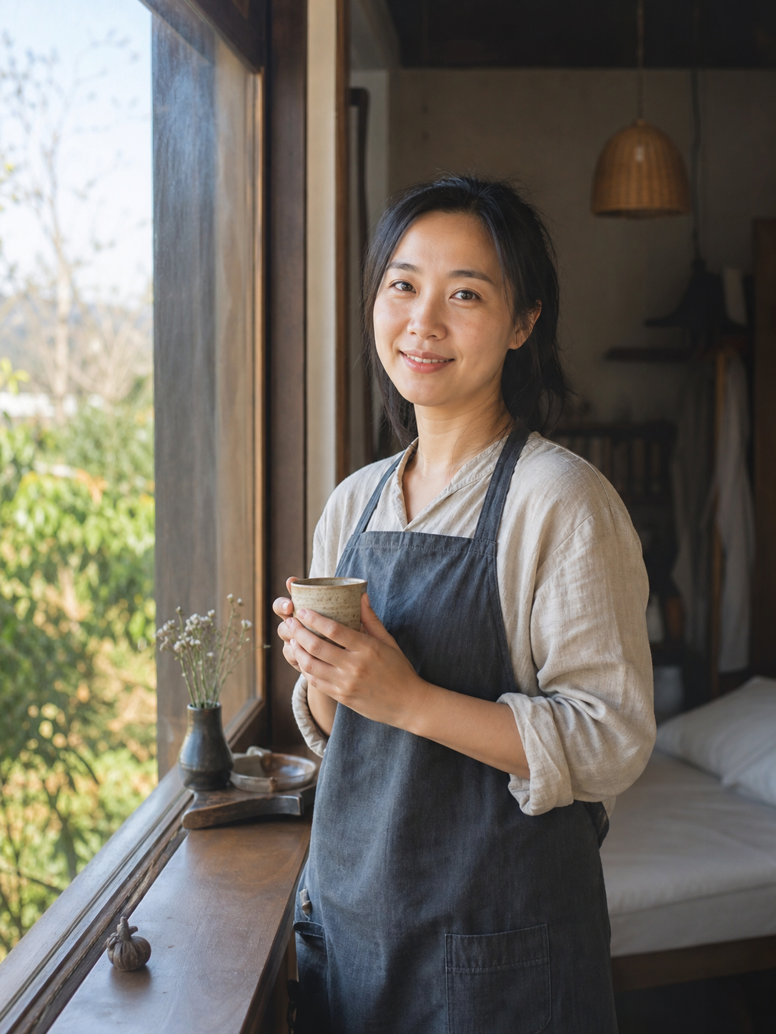 Chân dung host Linh bên cửa sổ tại Mây Nest