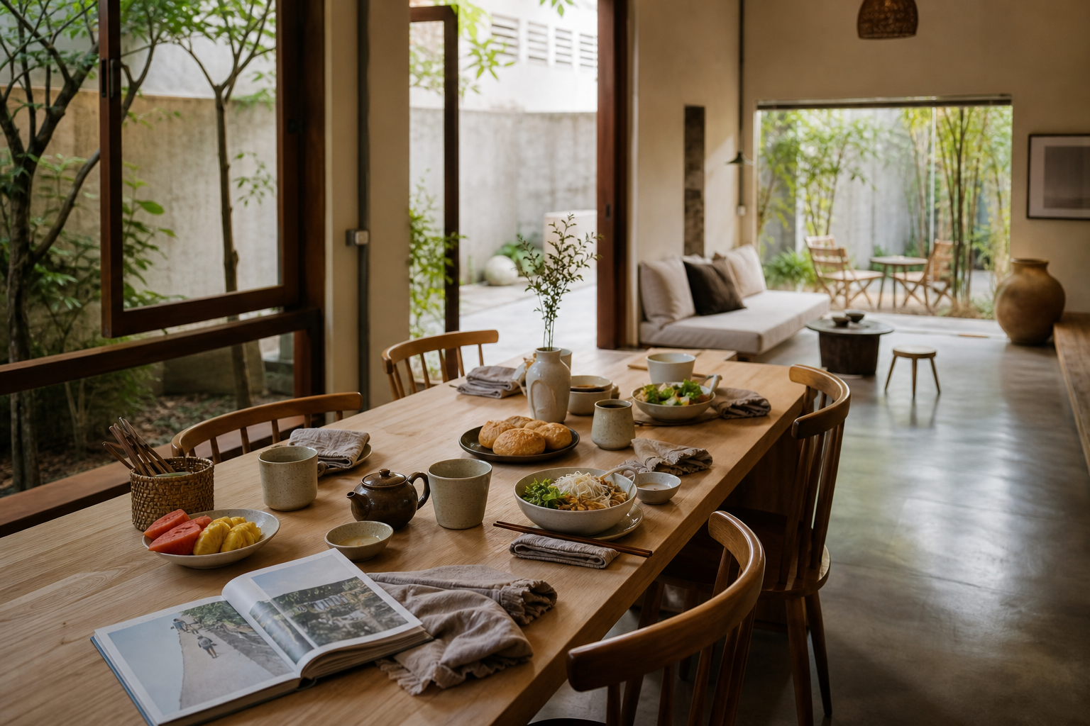 Bàn ăn sáng trong không gian chung tại Mây Nest