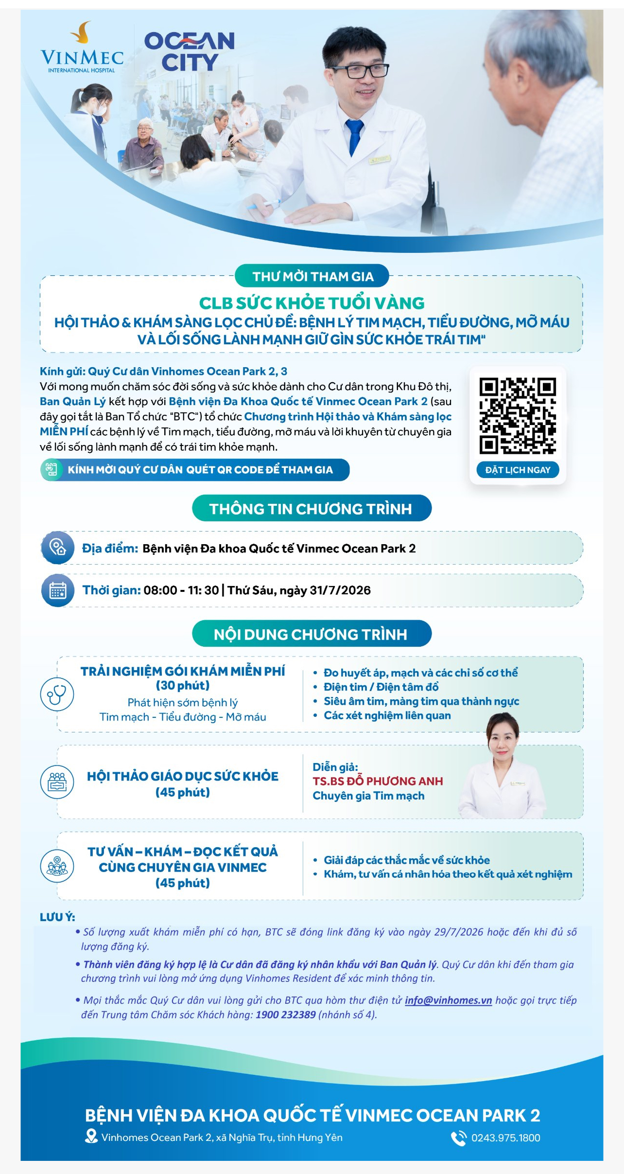 Vinhomes Ocean Park 2, 3_Thư mời tham gia Câu Lạc Bộ Sức khỏe tuổi Vàng – Hội thảo & Khám sàng lọc miễn phí bệnh lý Tim mạch”