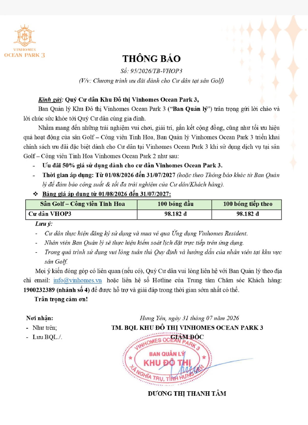 VHOP3_Thông báo Chương trình ưu đãi sử dụng dịch vụ Golf dành cho Cư dân Khu Đô thị