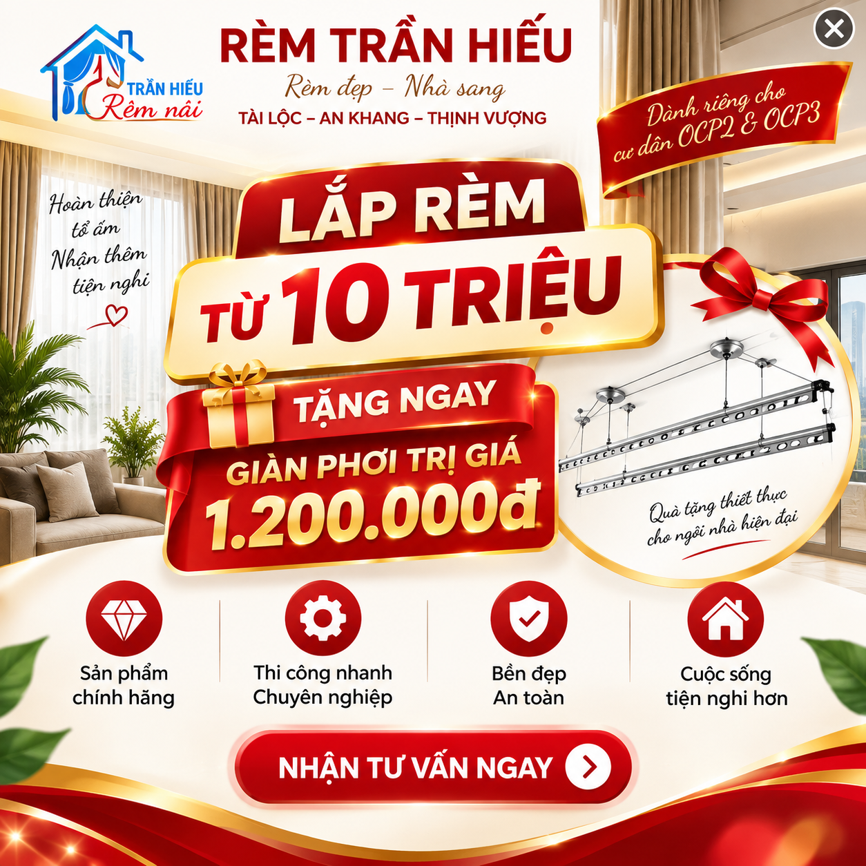 Rèm Trần Hiếu lắp rèm trên 10tr tặng giàn phơi trị giá 1.2tr