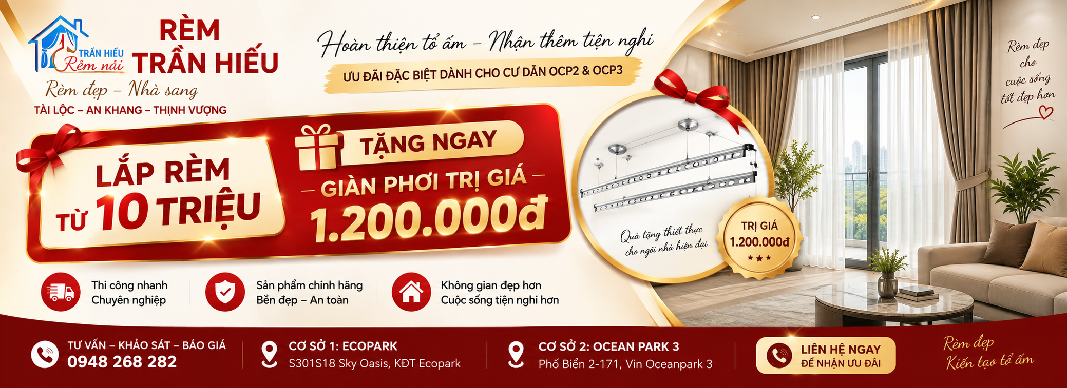 Rèm Trần Hiếu: lắp rèm trên 10tr tặng giàn phơi trị giá 1.2tr